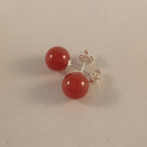 925 Sterling Silver Red Agate Ball Stud Earrings 8mm Women's Party Gift - Picture 2 of 5
